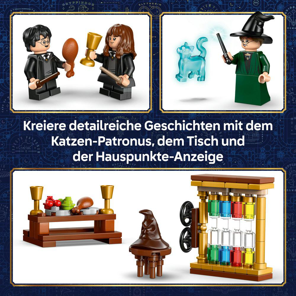 Drei Lego-Szenen: Harry & Hermine, McGonagall mit Katze, Essenstisch, Hut & Trankregal.
