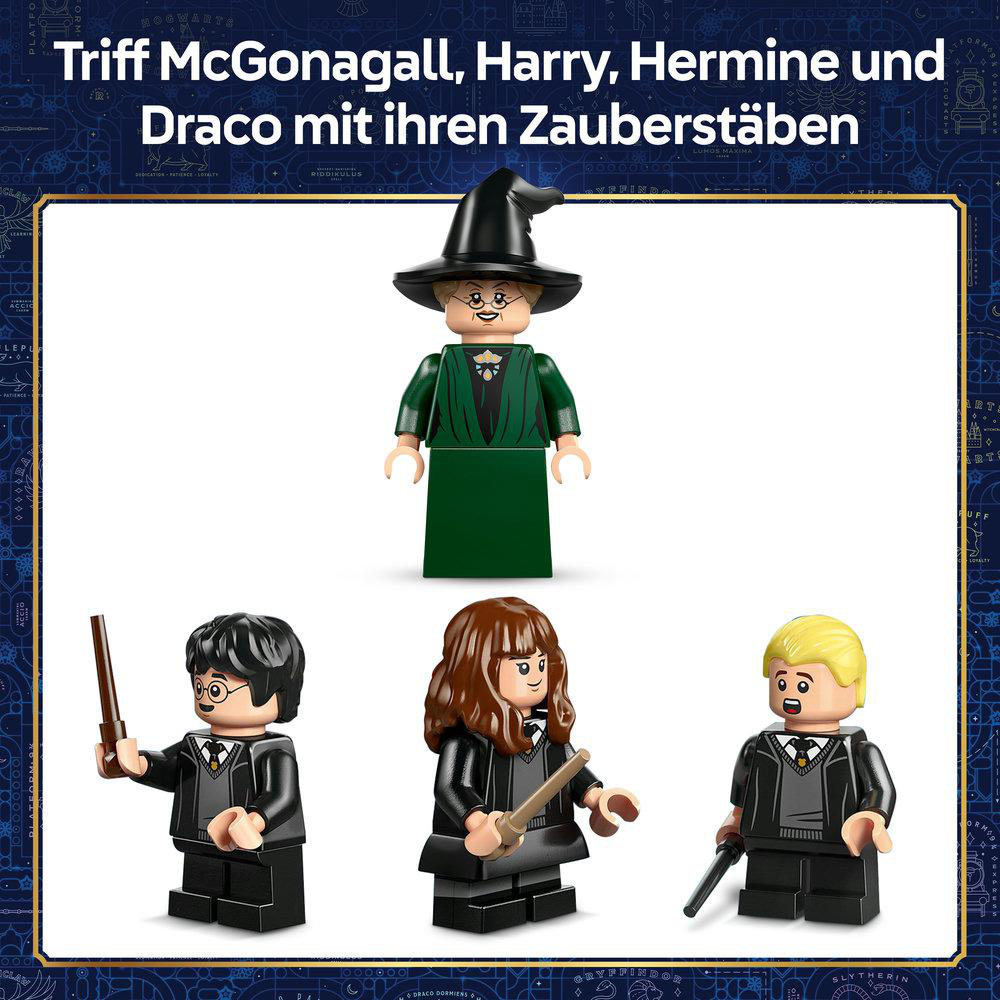 Drei Harry Potter LEGO-Figuren: McGonagall, Harry, Hermine und Draco.