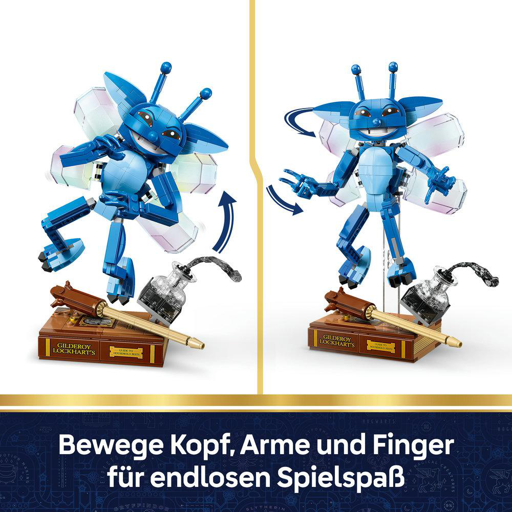 Ein blauer Lego-Fabelwesen-Bausatz mit beweglichem Kopf, Armen und Fingern.