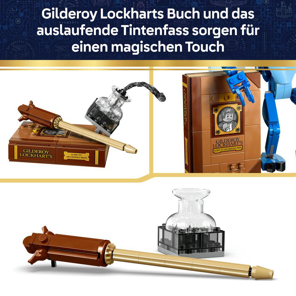 LEGO-Modelle von Gilderoy Lockharts Buch und Tintenfass mit Zauberstab.