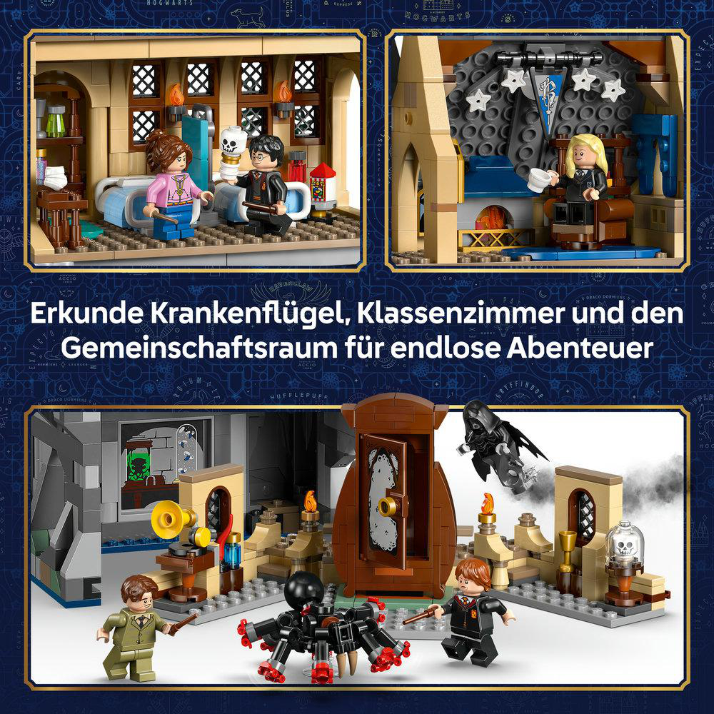 LEGO Harry Potter Szenen: Krankenflügel, Klassenzimmer, Gemeinschaftsraum, Spinnrad.