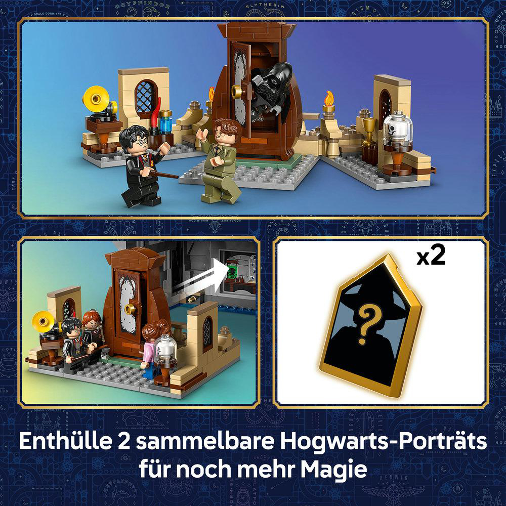 Harry Potter Lego-Set mit Figuren, Tür und Schrank. Ein Porträt mit Fragezeichen.