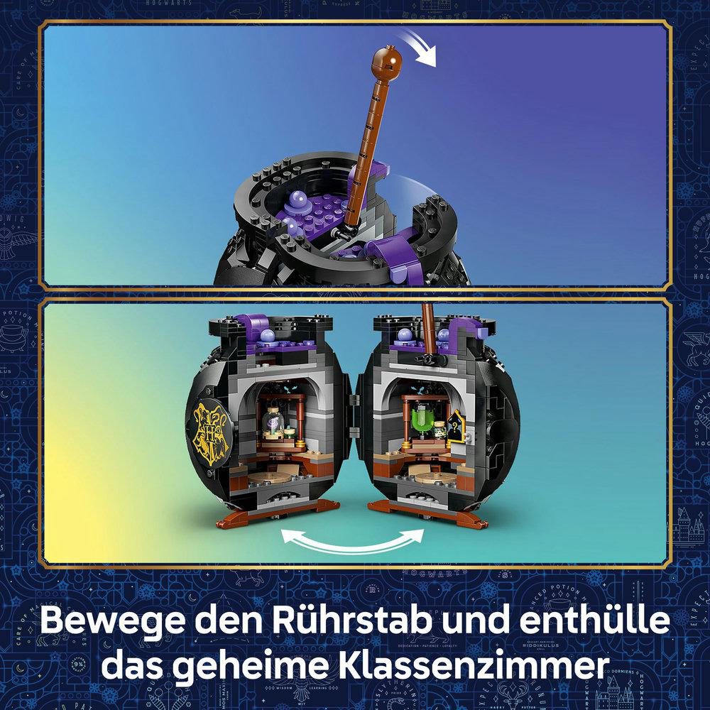 Ein LEGO Harry Potter Kessel-Spielset mit Zauberstab und zwei Fässern.