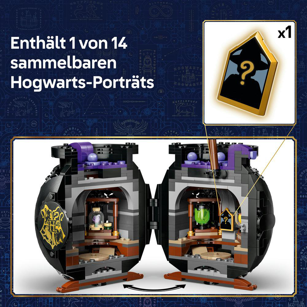 Ein aufklappbarer Kessel mit Hogwarts-Porträts und Sammelobjekten.