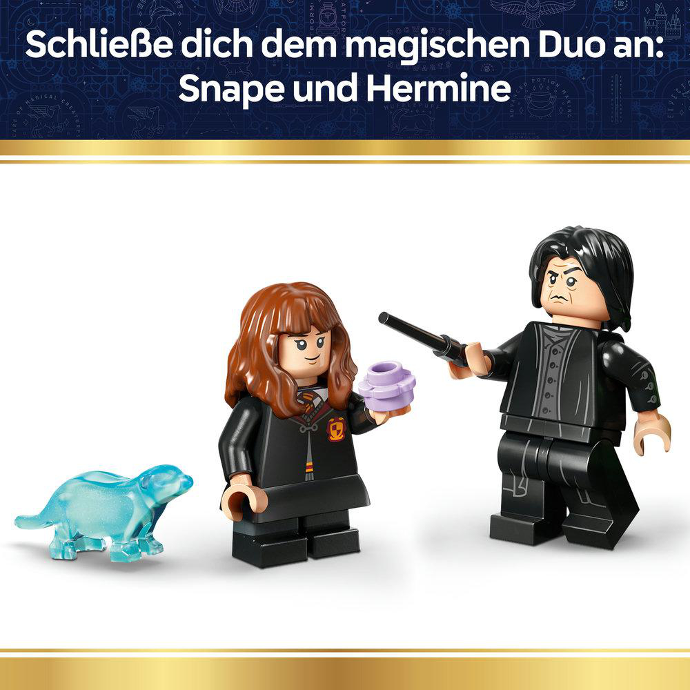 Lego-Figuren von Snape und Hermine mit einem blauen Tier.