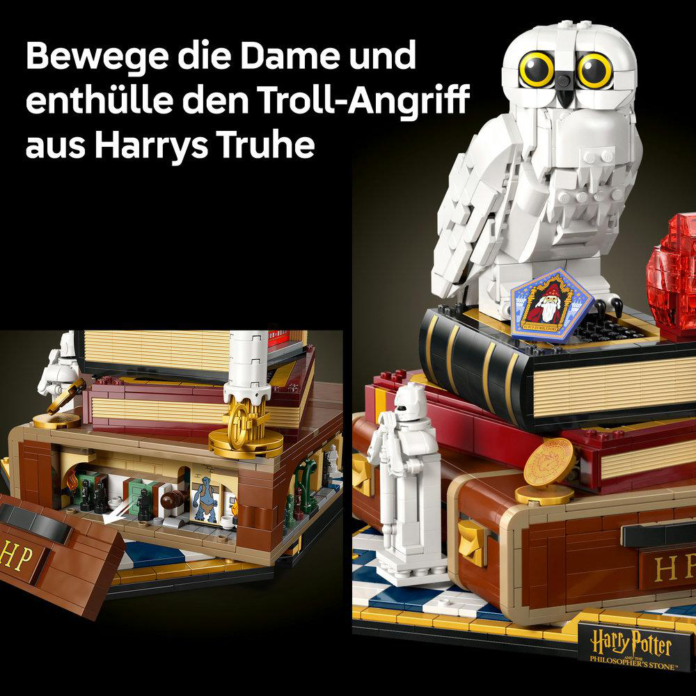 LEGO Harry Potter: Hedwig auf Büchern, daneben ein Schachfiguren-Set.