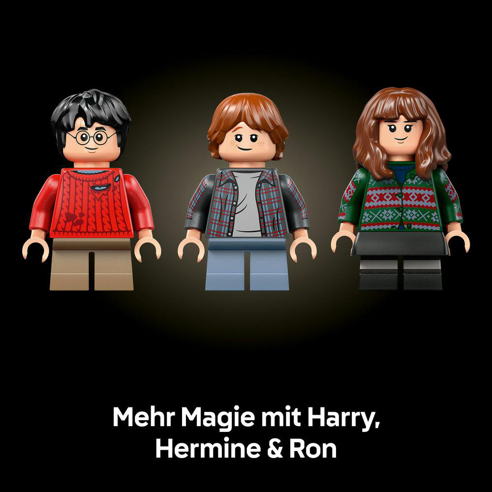 Drei Lego-Figuren: Harry, Ron und Hermine, mit detaillierten Outfits.