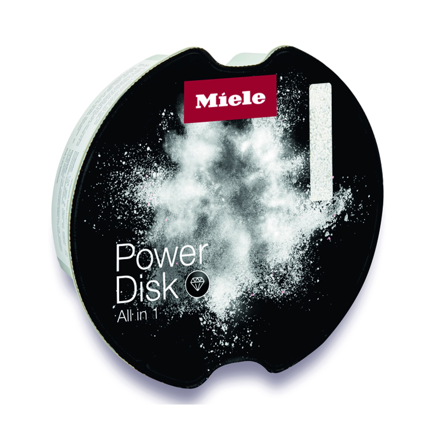 Confezione Miele Power Disk All in 1 nera con polvere bianca e logo.