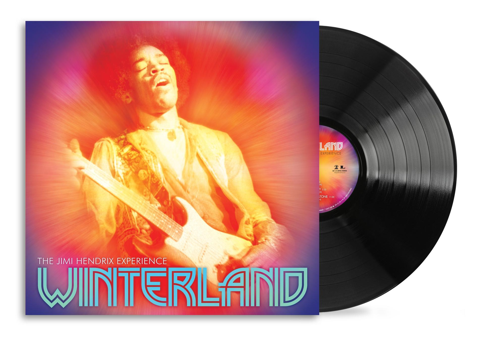 Jimi Hendrix speelt gitaar, met albumhoes en vinylplaat. Levendige kleuren.