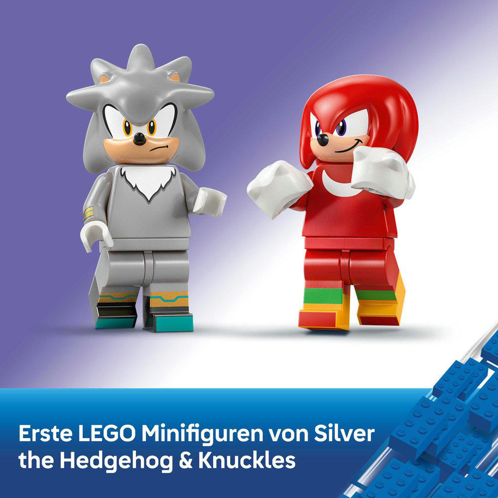 LEGO Minifiguren von Silver the Hedgehog und Knuckles vor lila Hintergrund.
