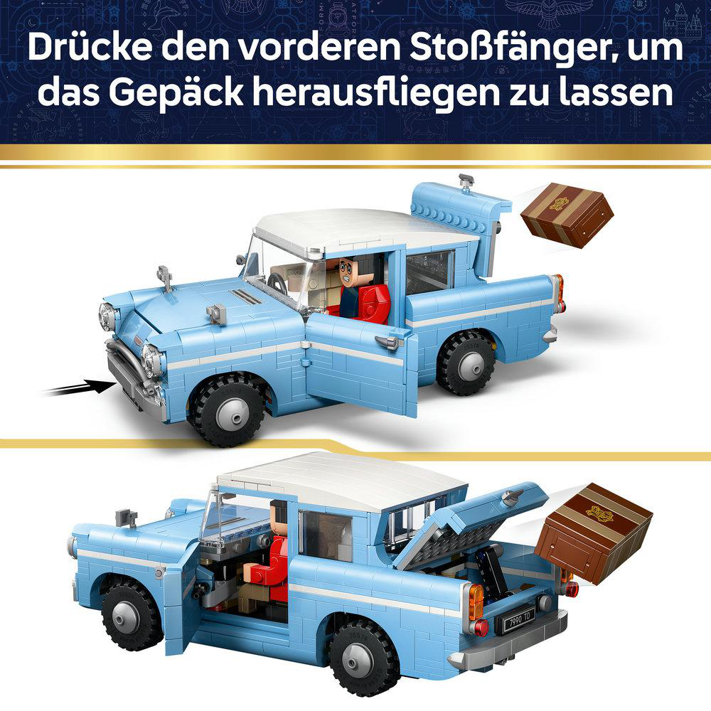 Blauer LEGO-Flugauto mit geöffneten Türen und Kofferraum, Koffer schwebt