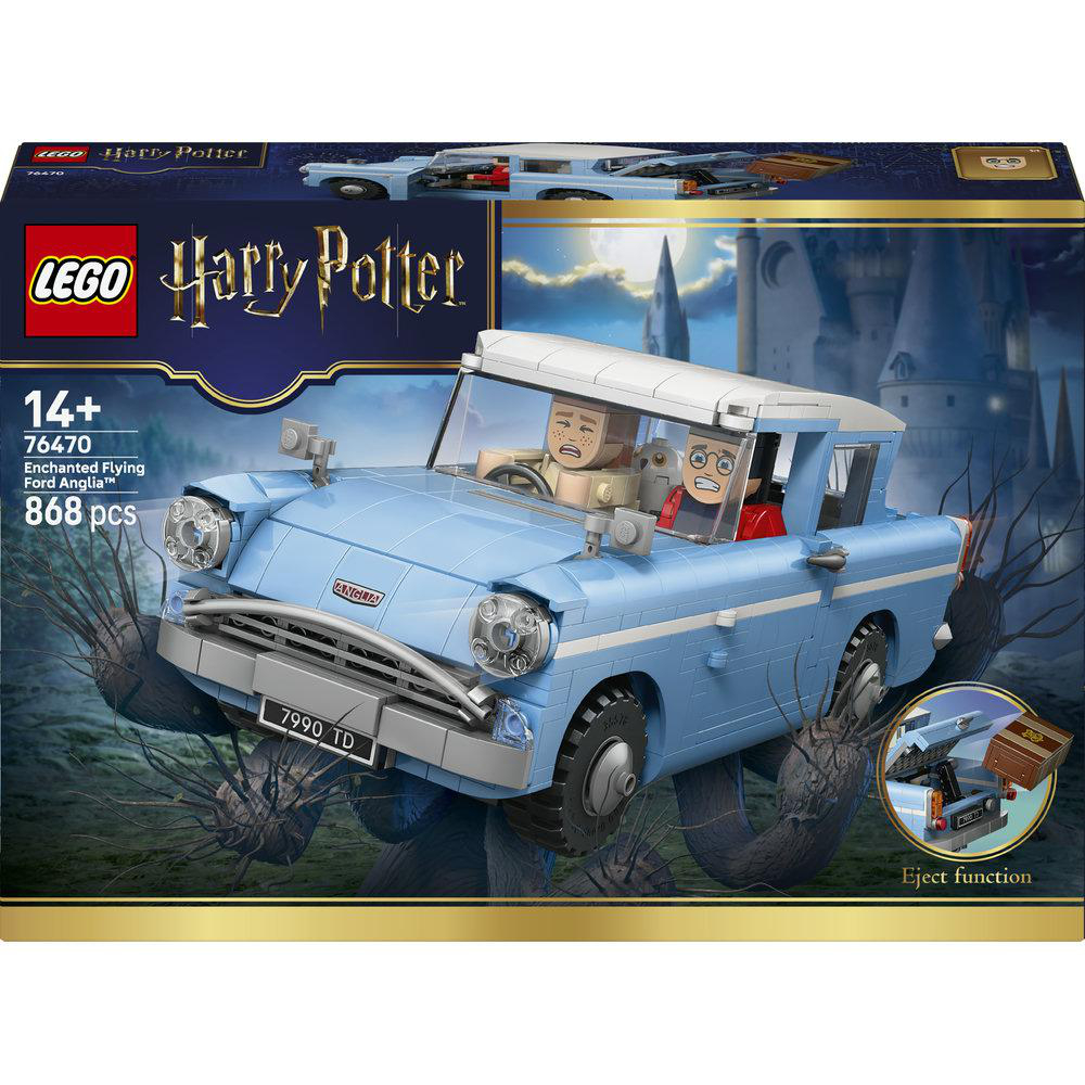 Blauer LEGO Ford Anglia mit Figuren, im Hintergrund eine Burg.