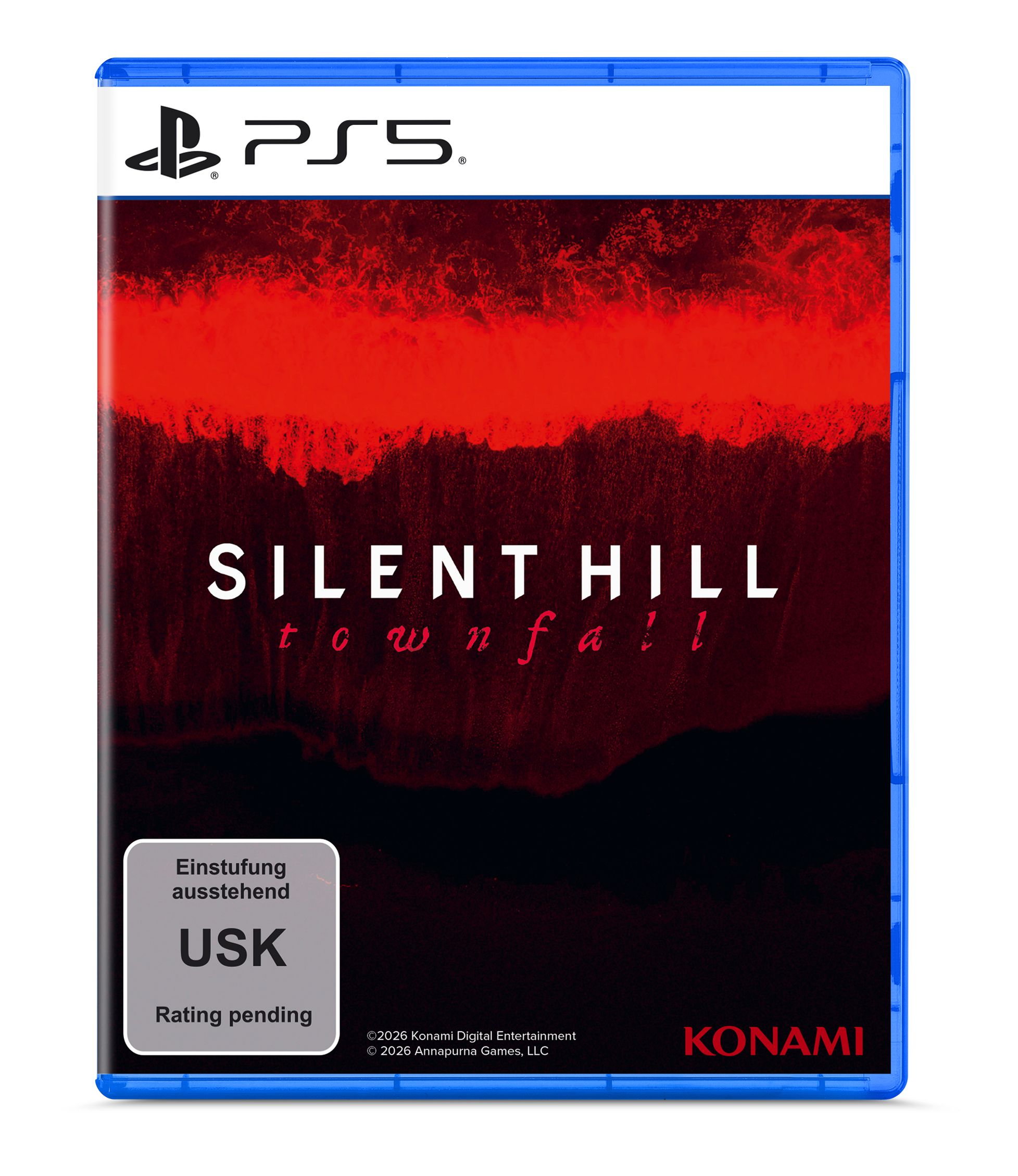 PlayStation 5 Hülle für Silent Hill: Townfall mit rotem Hintergrund und USK-Siegel.