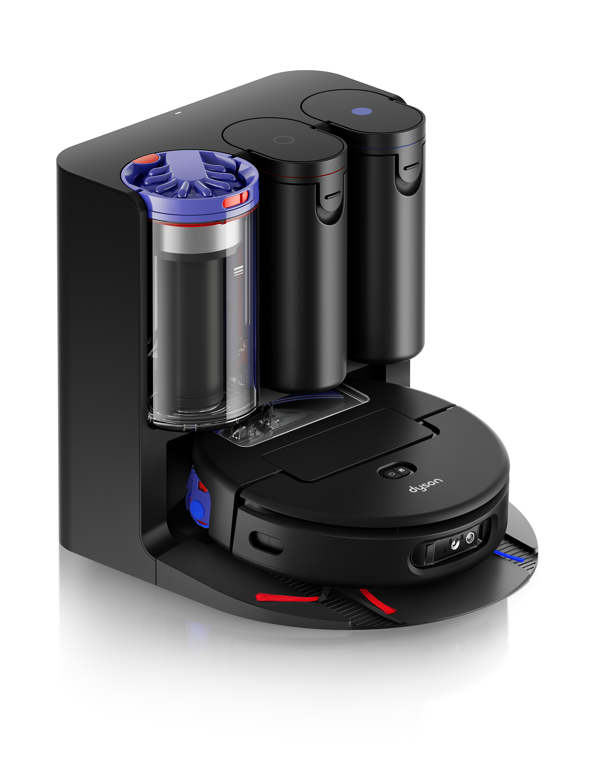 Czarny robot sprzątający Dyson ze stacją ładującą, niebieskim filtrem i czerwonymi szczotkami.