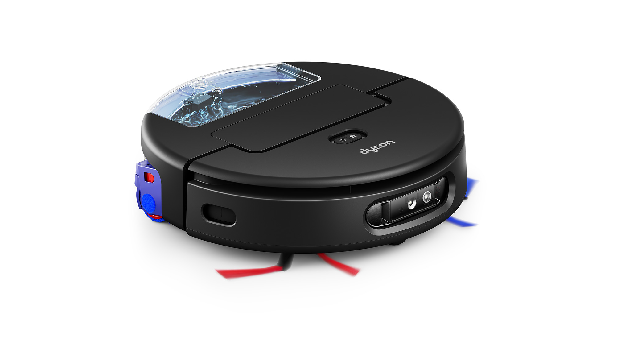 Czarny robot sprzątający Dyson ze zbiornikiem na wodę i szczotkami.