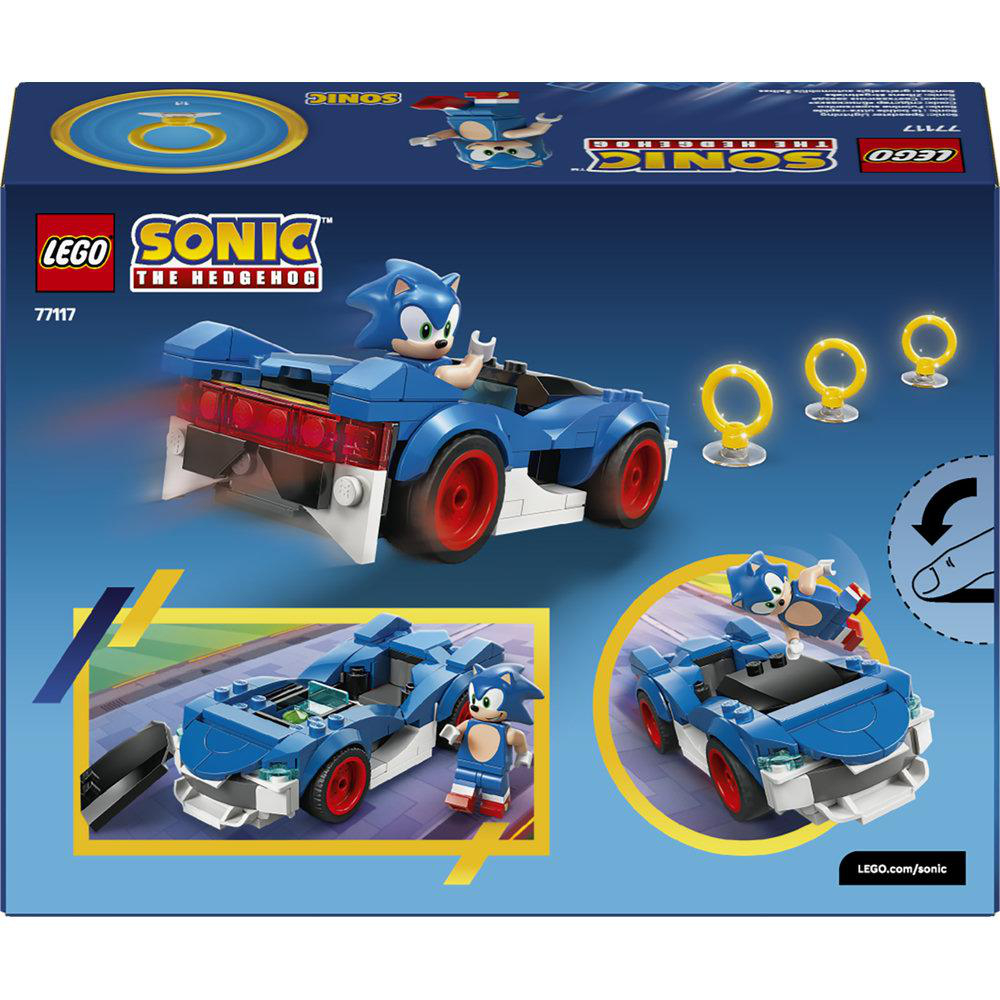 Sonic der Igel fährt in seinem blauen Auto, umgeben von goldenen Ringen.