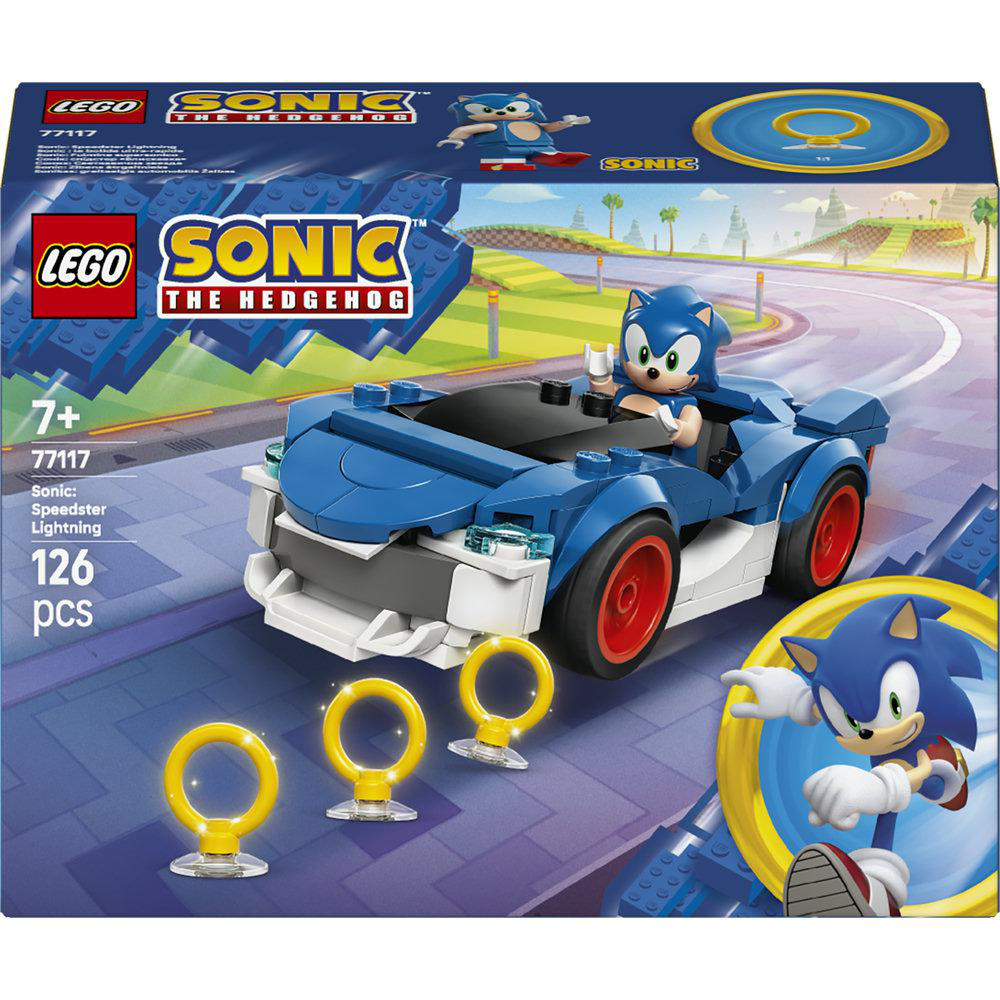 LEGO Sonic's Speedster Lightning mit Sonic-Figur und Ringen auf Rennstrecke.