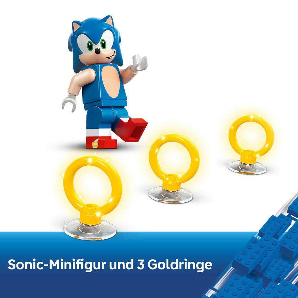 Sonic-Minifigur mit blauen Haaren und drei leuchtenden Goldringen.