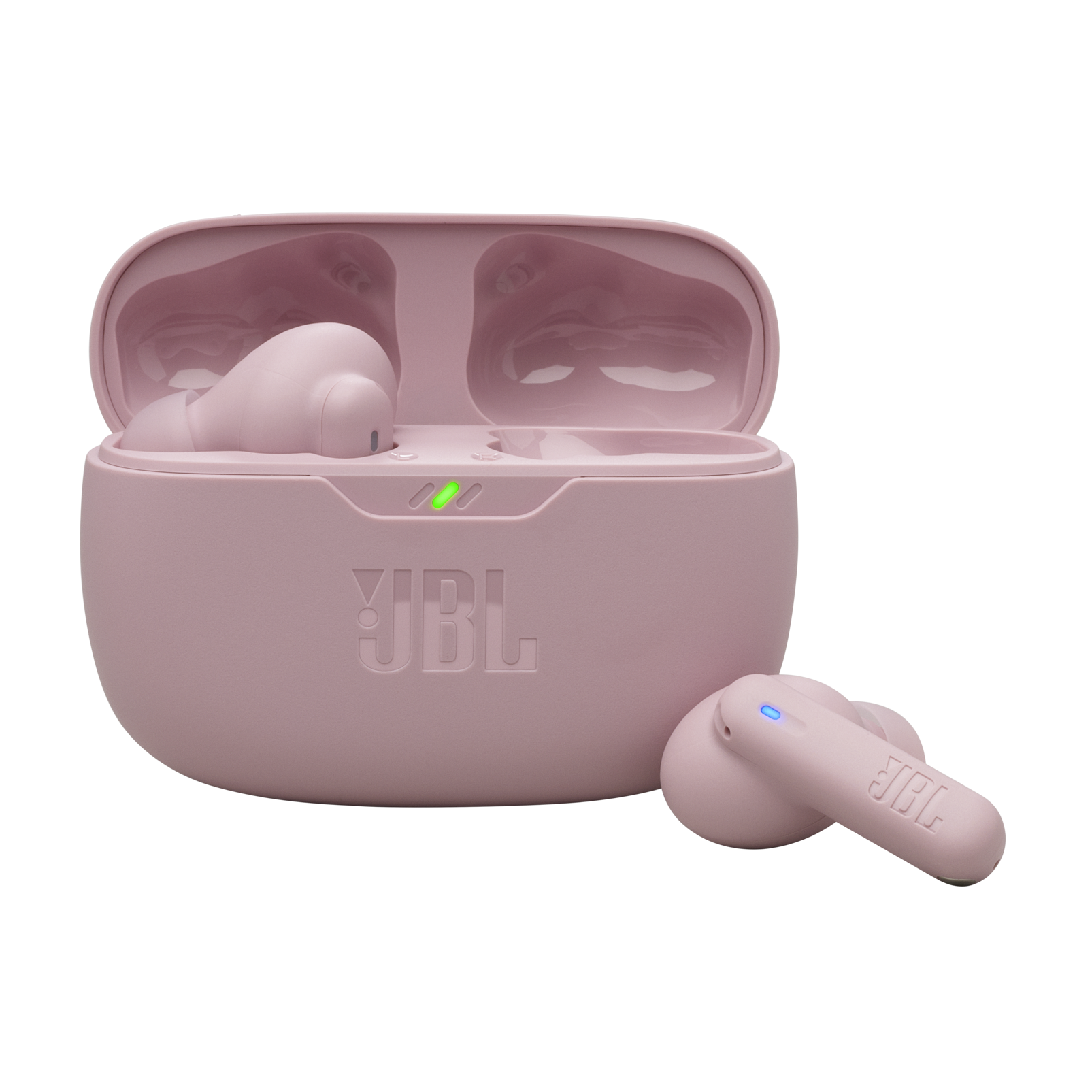 Şarj ışıklarını gösteren pembe bir JBL kulaklık şarj kutusuyla.
