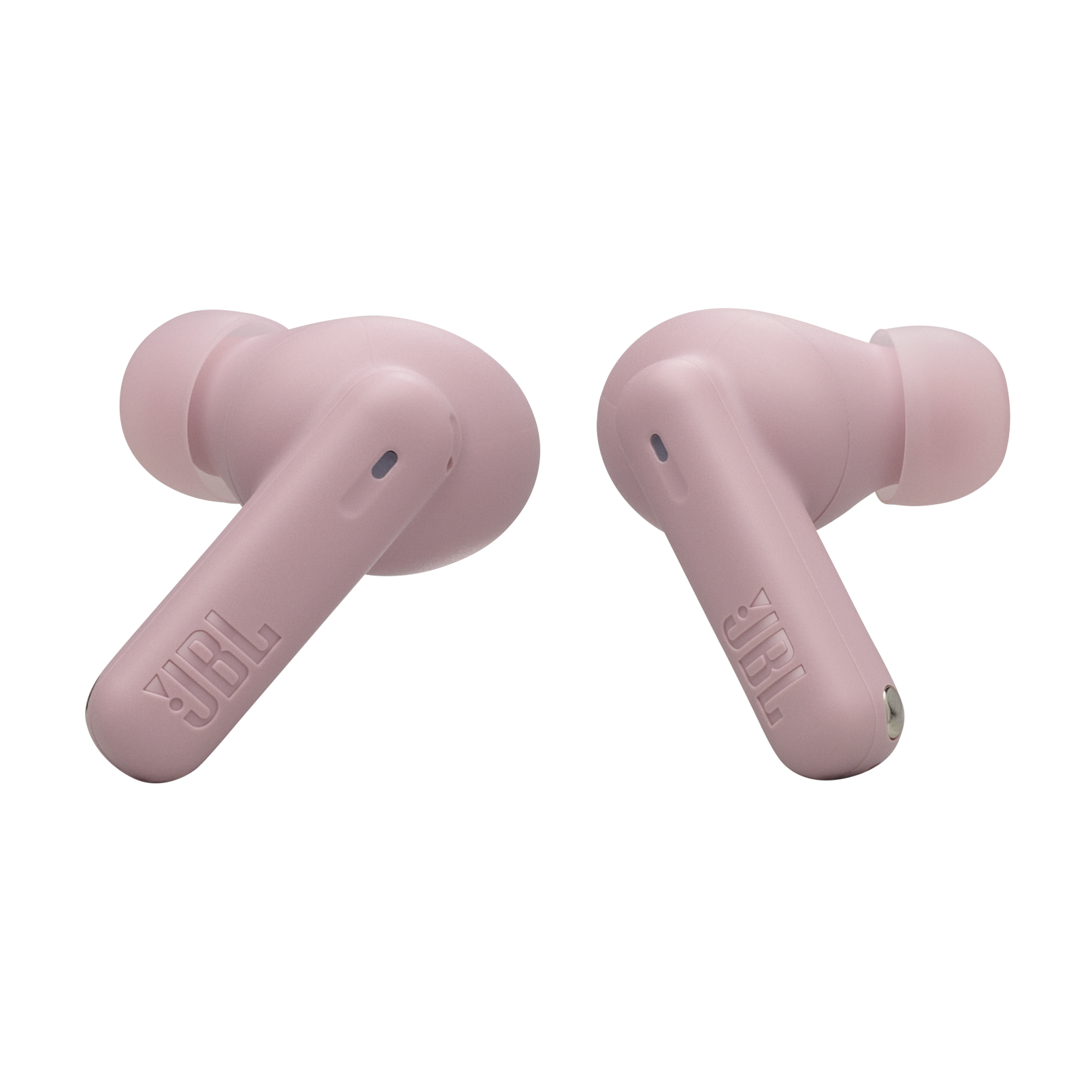 İki pembe JBL kulaklık beyaz zeminde yan yana duruyor.