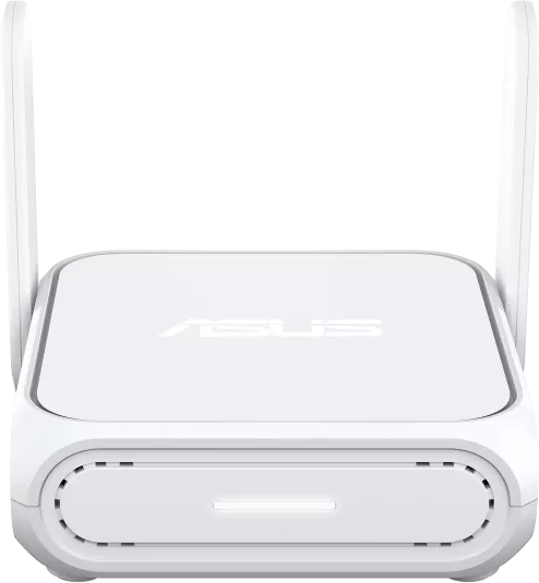 Un routeur Asus blanc avec deux antennes et une bande lumineuse.