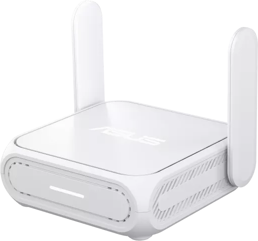 Un routeur Asus blanc avec deux antennes, isolé sur fond noir.