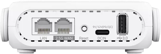 Vue arrière d'un appareil blanc avec ports LAN, 2.5G WAN, Reset, DCIN et USB 3.0.