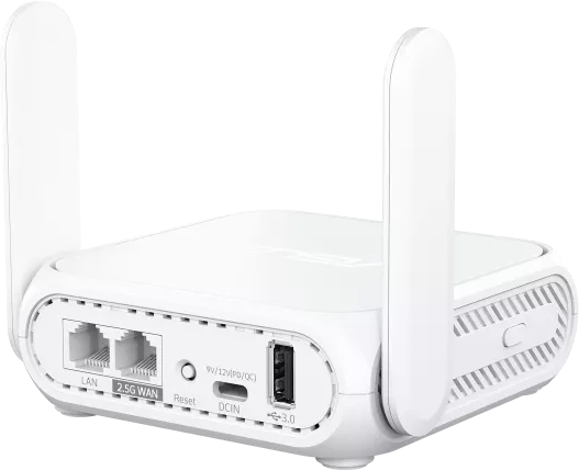 Un routeur blanc avec deux antennes, ports LAN, WAN et USB.