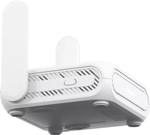 Un routeur WiFi blanc avec antennes, évents et boutons.