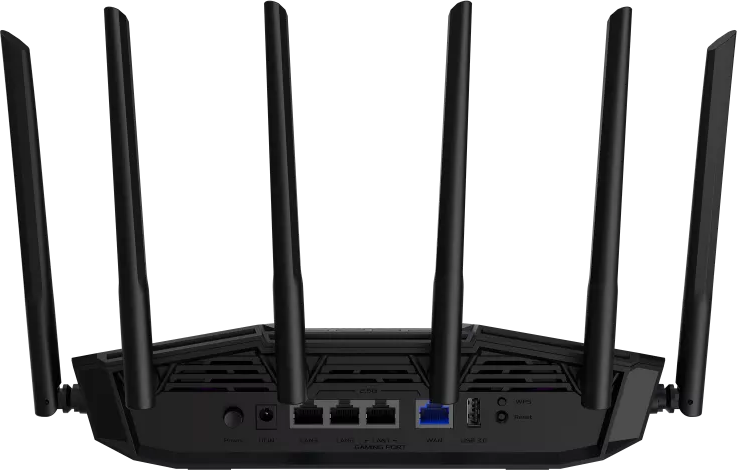 Un router nero con otto antenne e porte come LAN e USB.