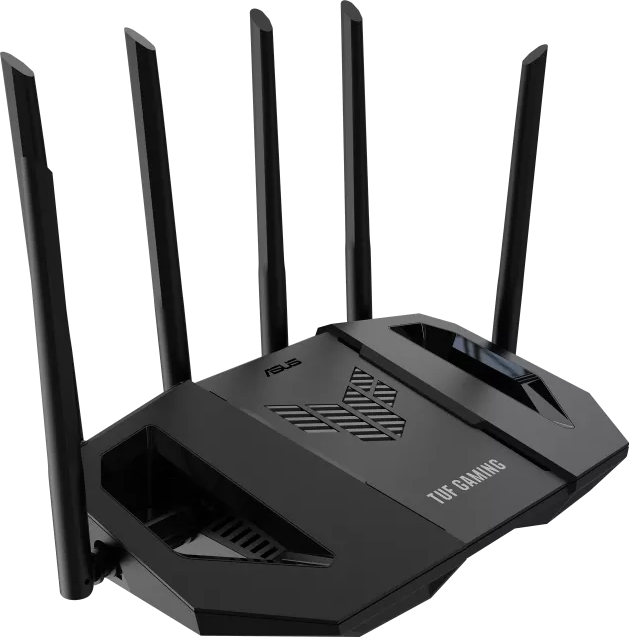 Router nero con quattro antenne e logo TUF GAMING.