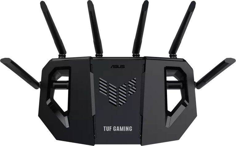 Un router ASUS TUF Gaming nero con sette antenne su sfondo nero.