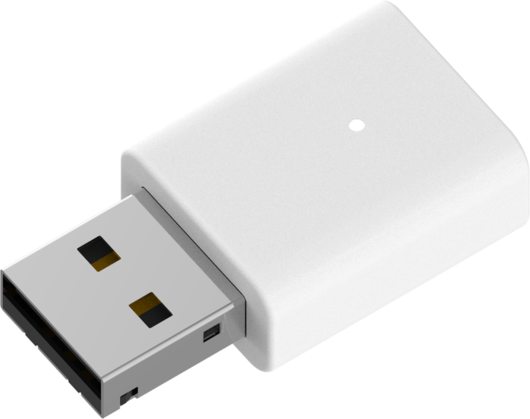 Una chiavetta USB bianca con una piccola luce rotonda in cima.