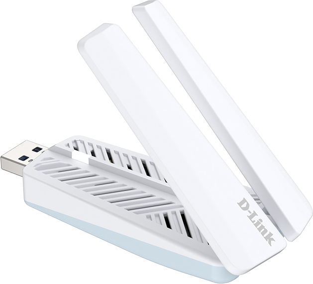 Un adattatore USB Wi-Fi D-Link bianco con due antenne.