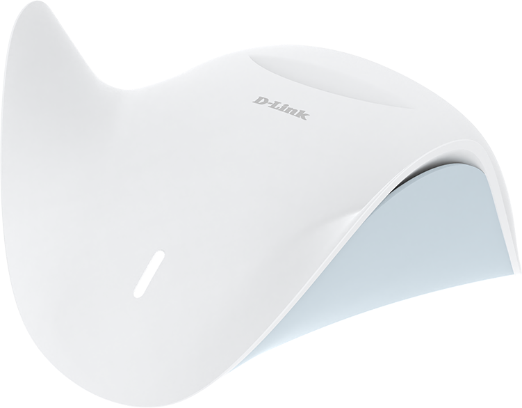 Ein weißer D-Link Router mit geschwungener Form und einem blauen Einsatz.