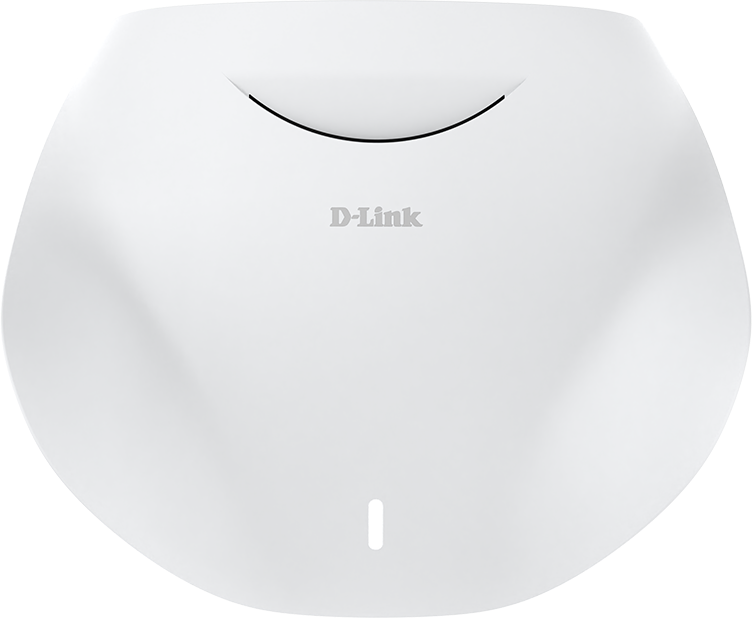 Ein weißer D-Link Router mit geschwungenem Design und einem schmalen Lichtstreifen.