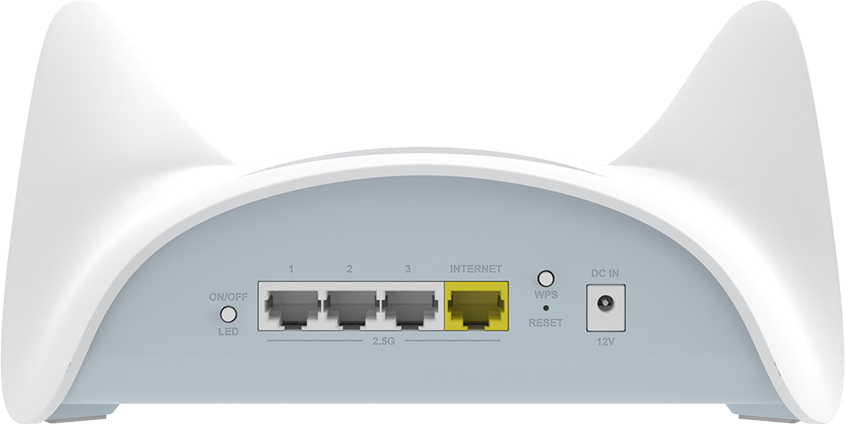 Rückseite eines weißen Routers mit Anschlüssen: 3x 2.5G LAN, 1x Internet (gelb), WPS, Reset, DC IN 12V.