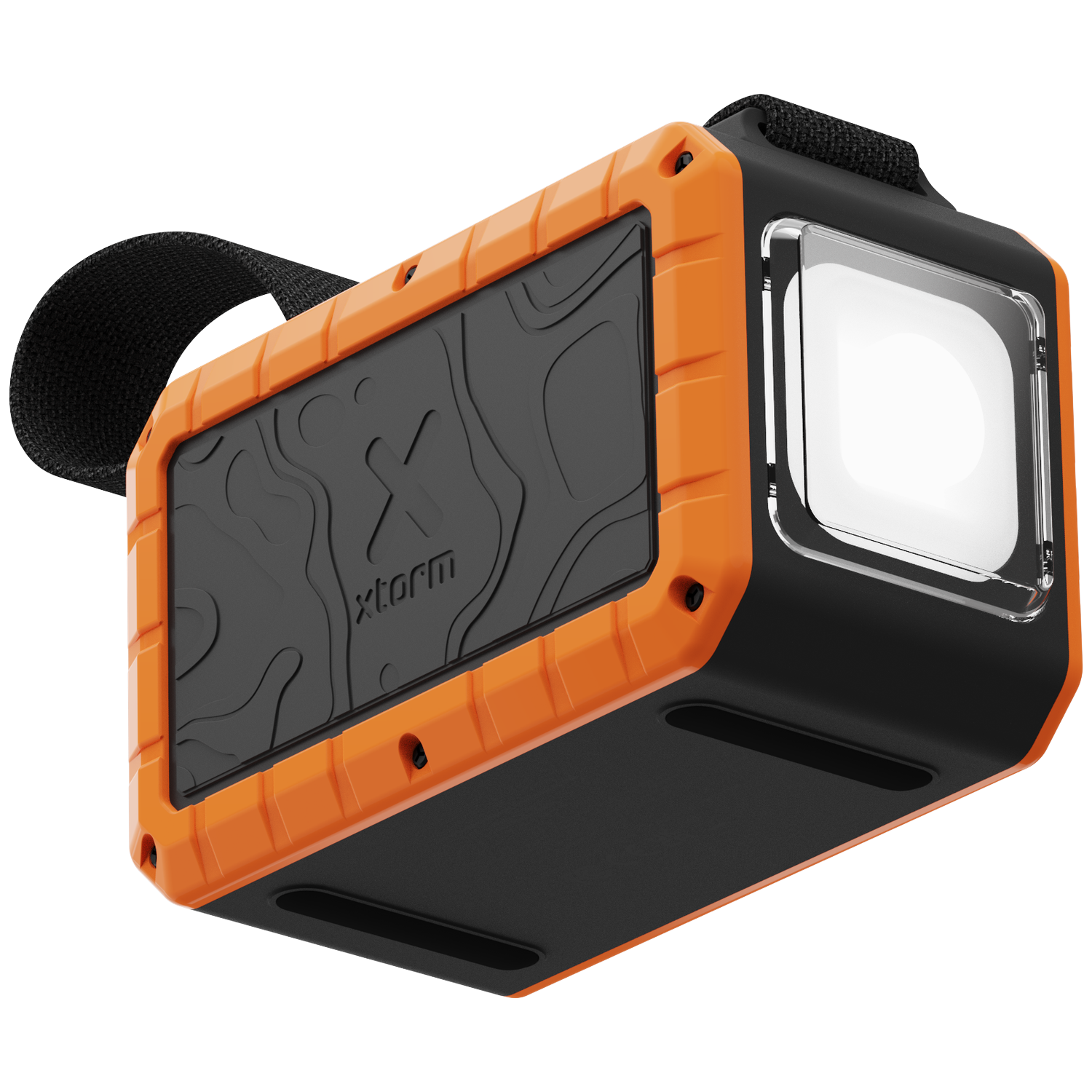 A black and orange rugged portable speaker with a strap and a light panel.
