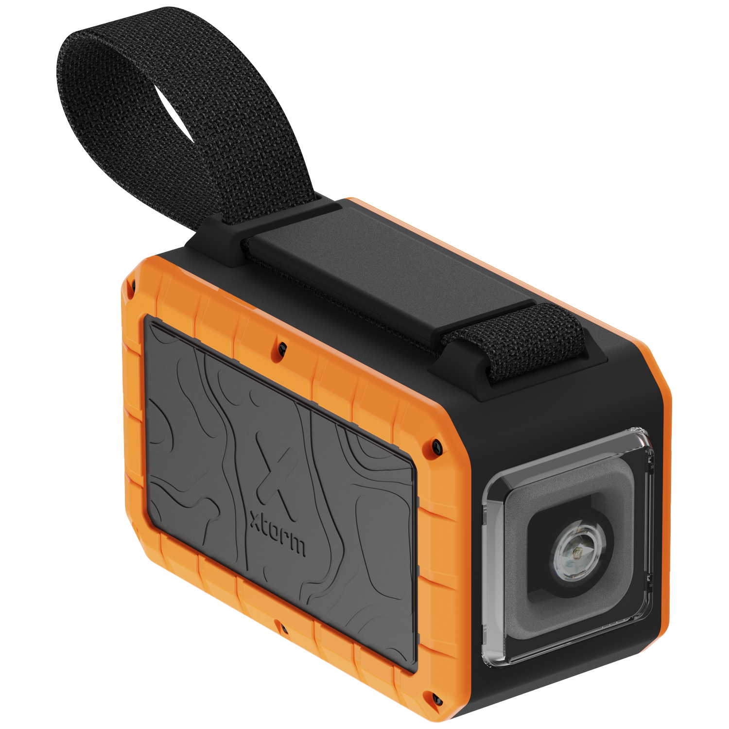 Orange and black rugged device with a strap and lens.