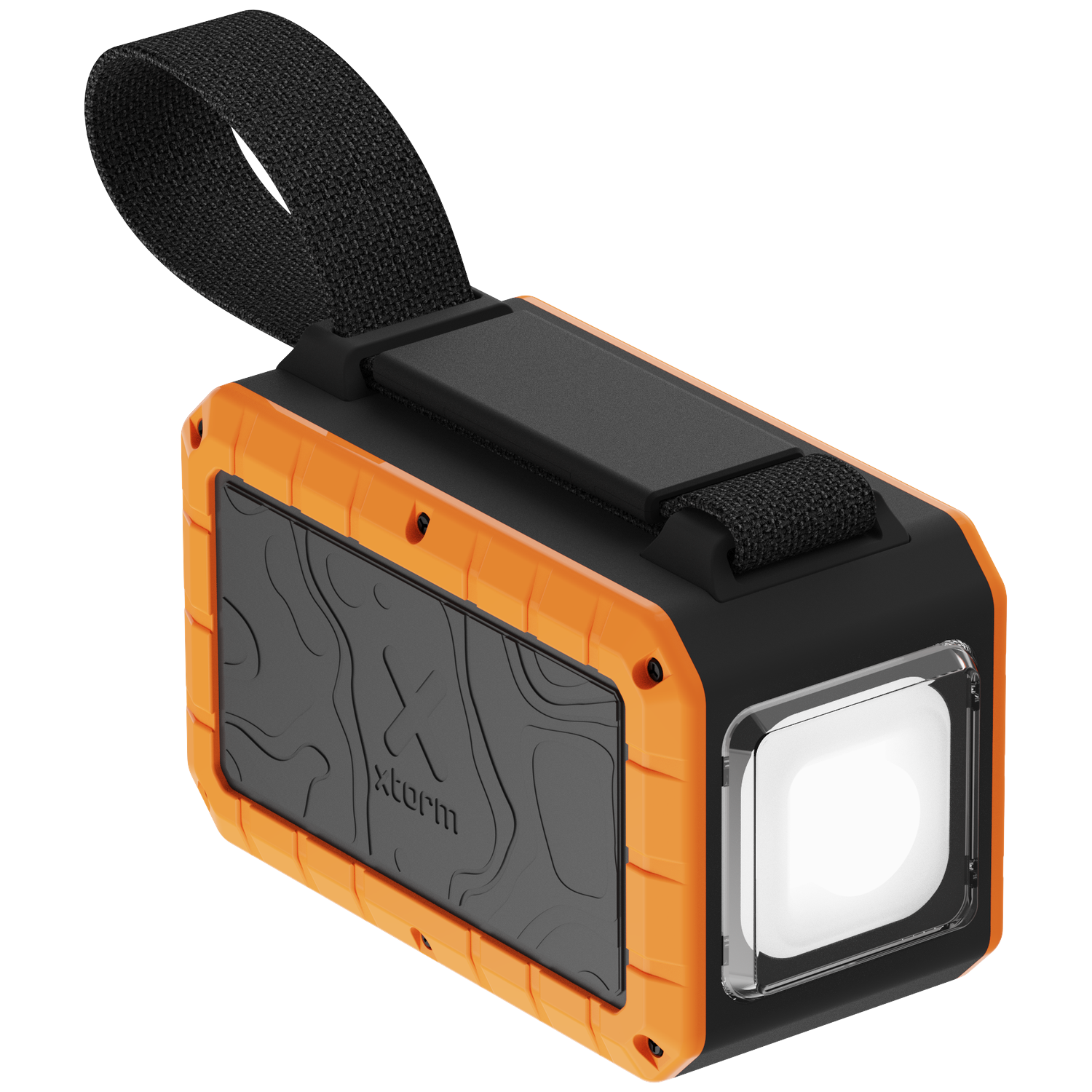 Orange and black speaker with strap and light on black background.