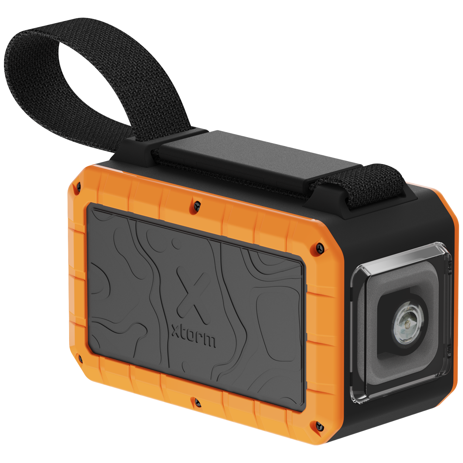 Orange and black portable speaker with a strap and a lens.