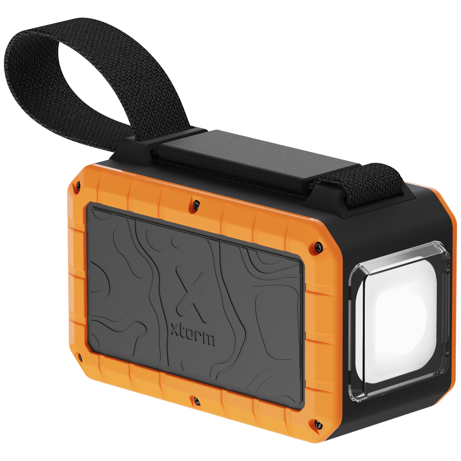 Rugged orange speaker with black strap and illuminated light.