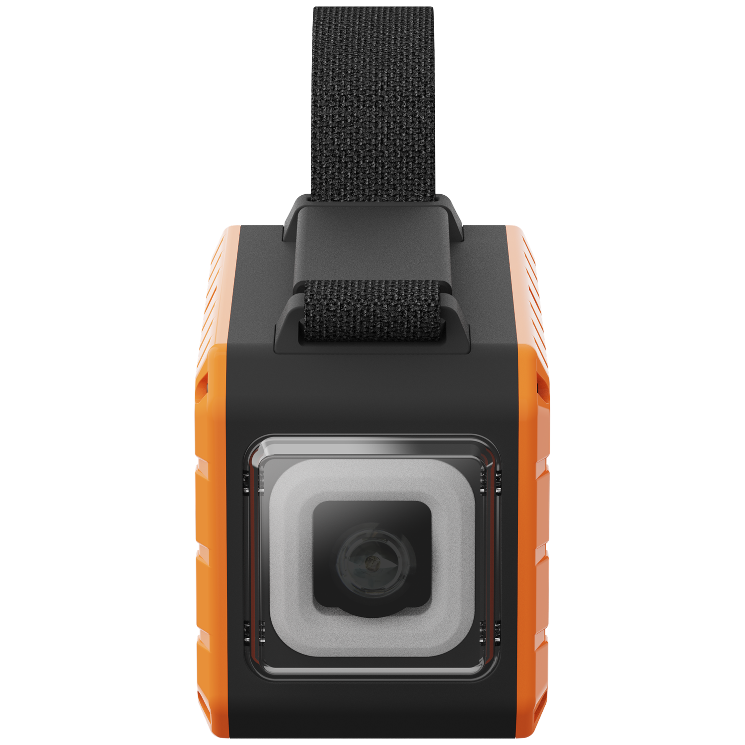 Orange and black action camera with lens and strap.