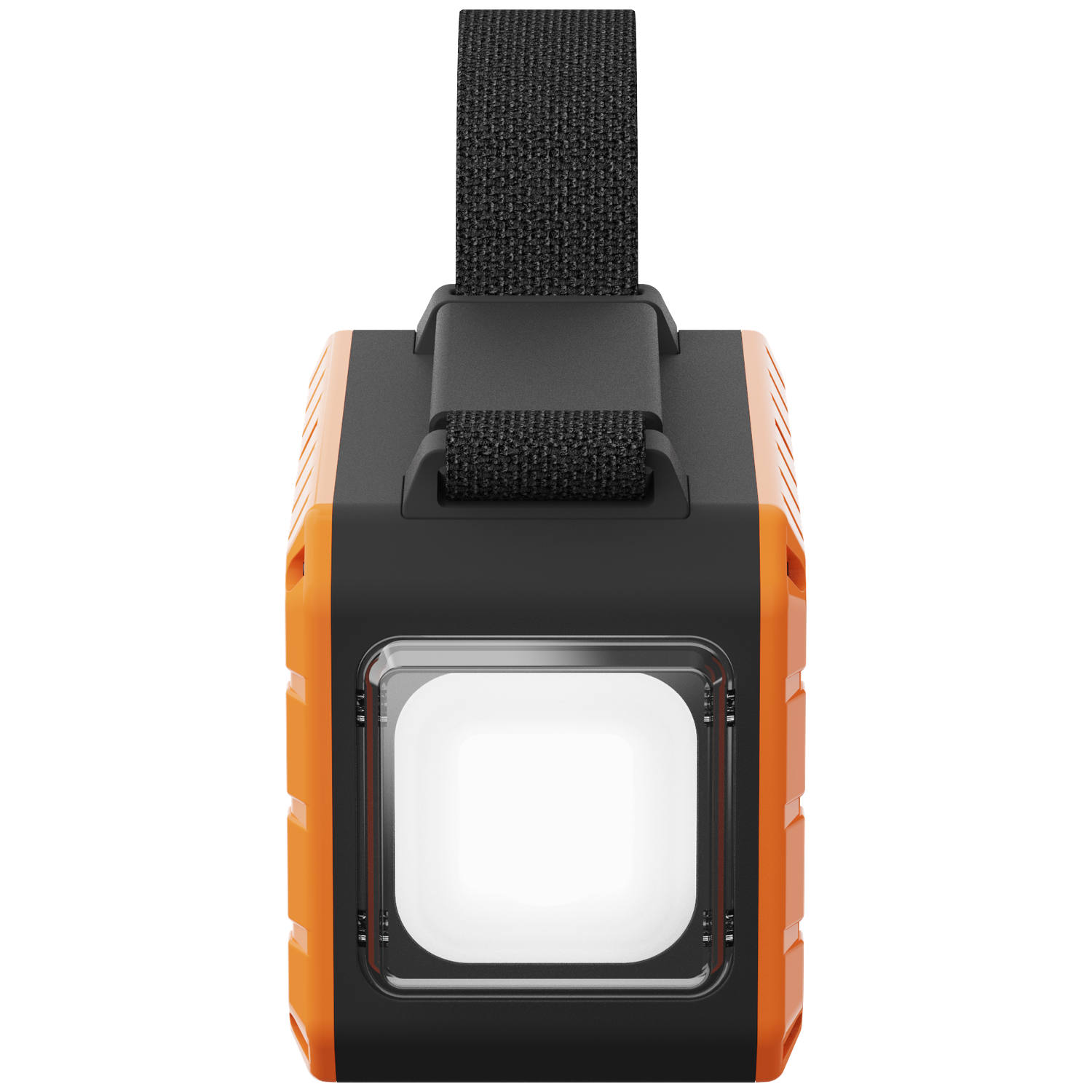 Orange and black lantern with a carrying strap and bright light.