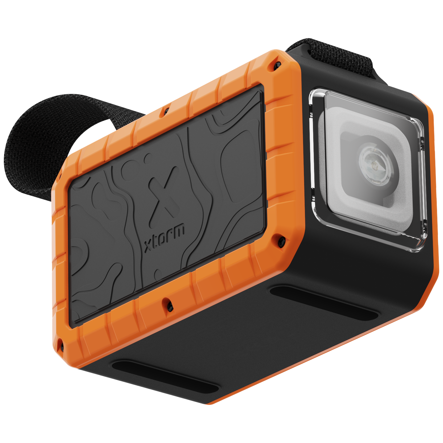 An orange and black rugged speaker with a strap and a light source.