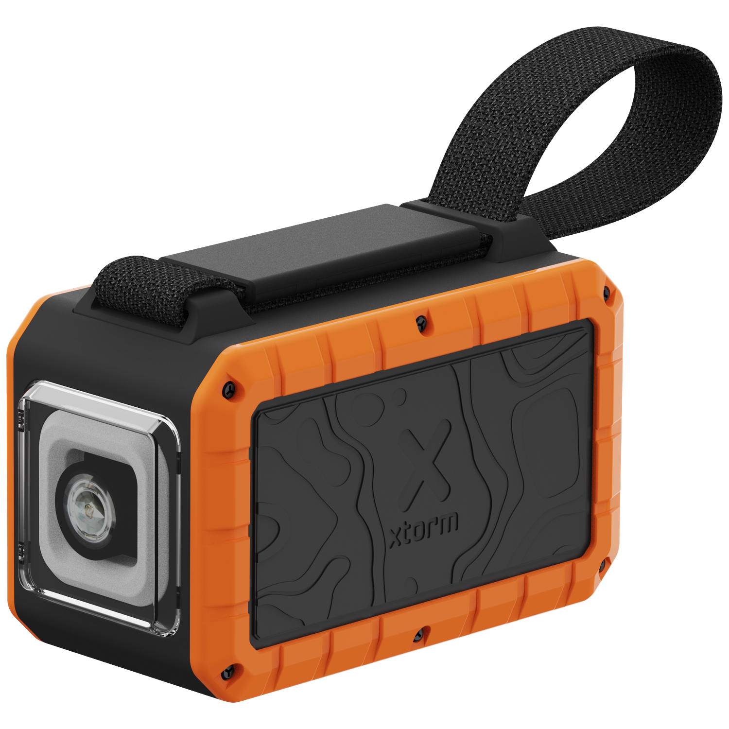 Black and orange speaker with a carry strap and illuminated front.
