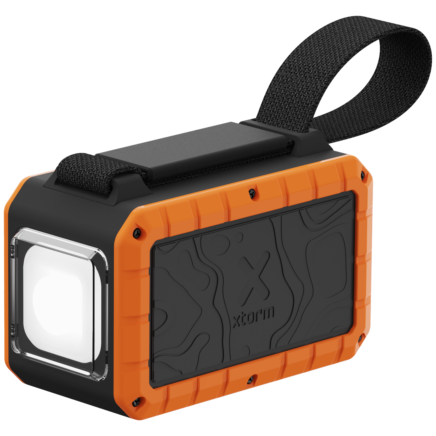An orange and black rugged speaker with a bright front and a carrying strap.