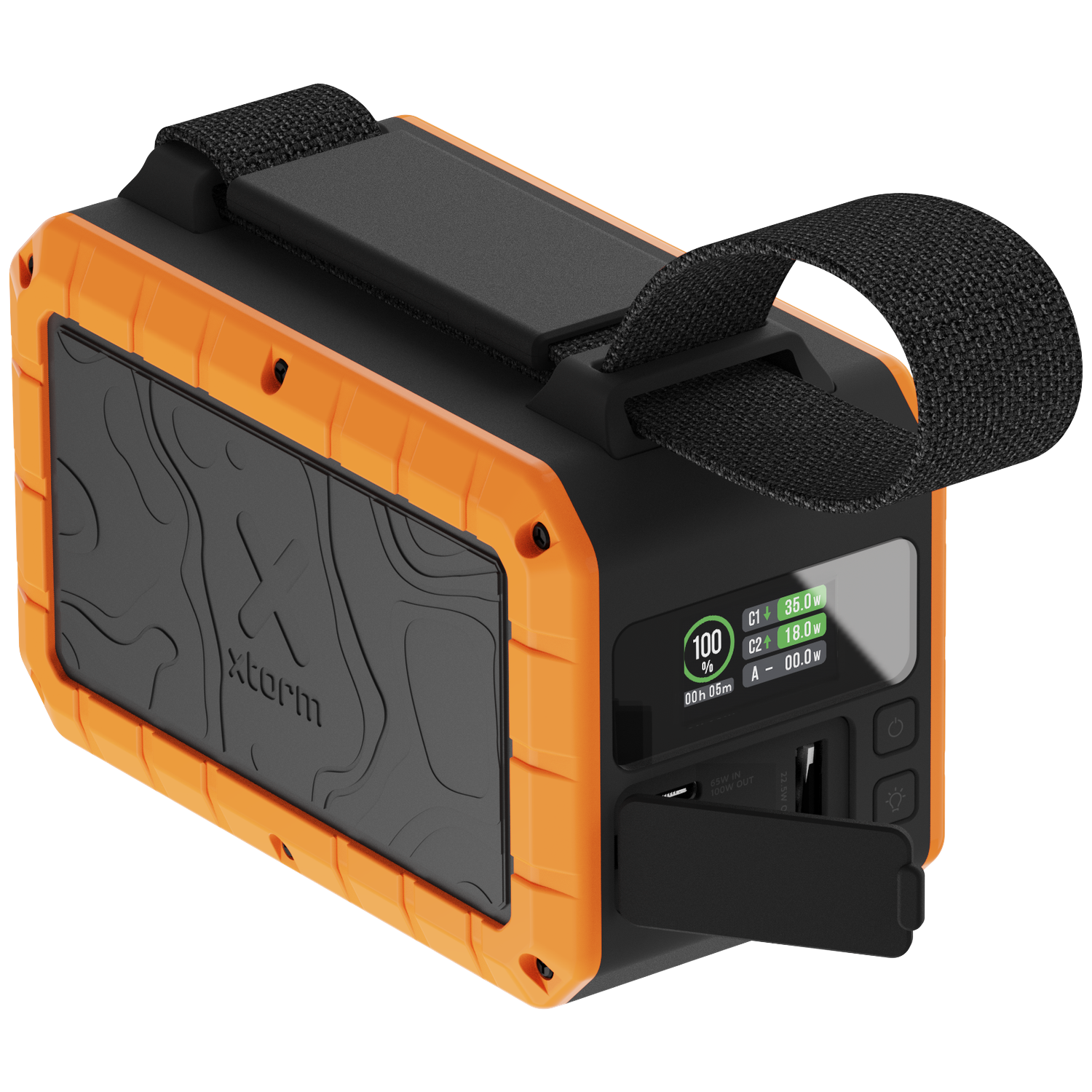 Orange and black power pack with handle and digital display.