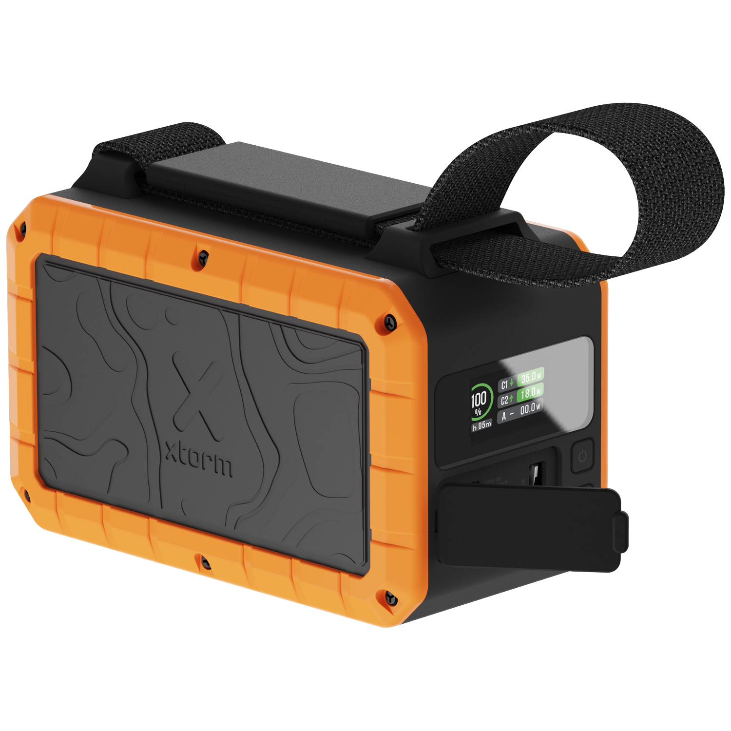 Orange and black portable charger with a handle and digital display.