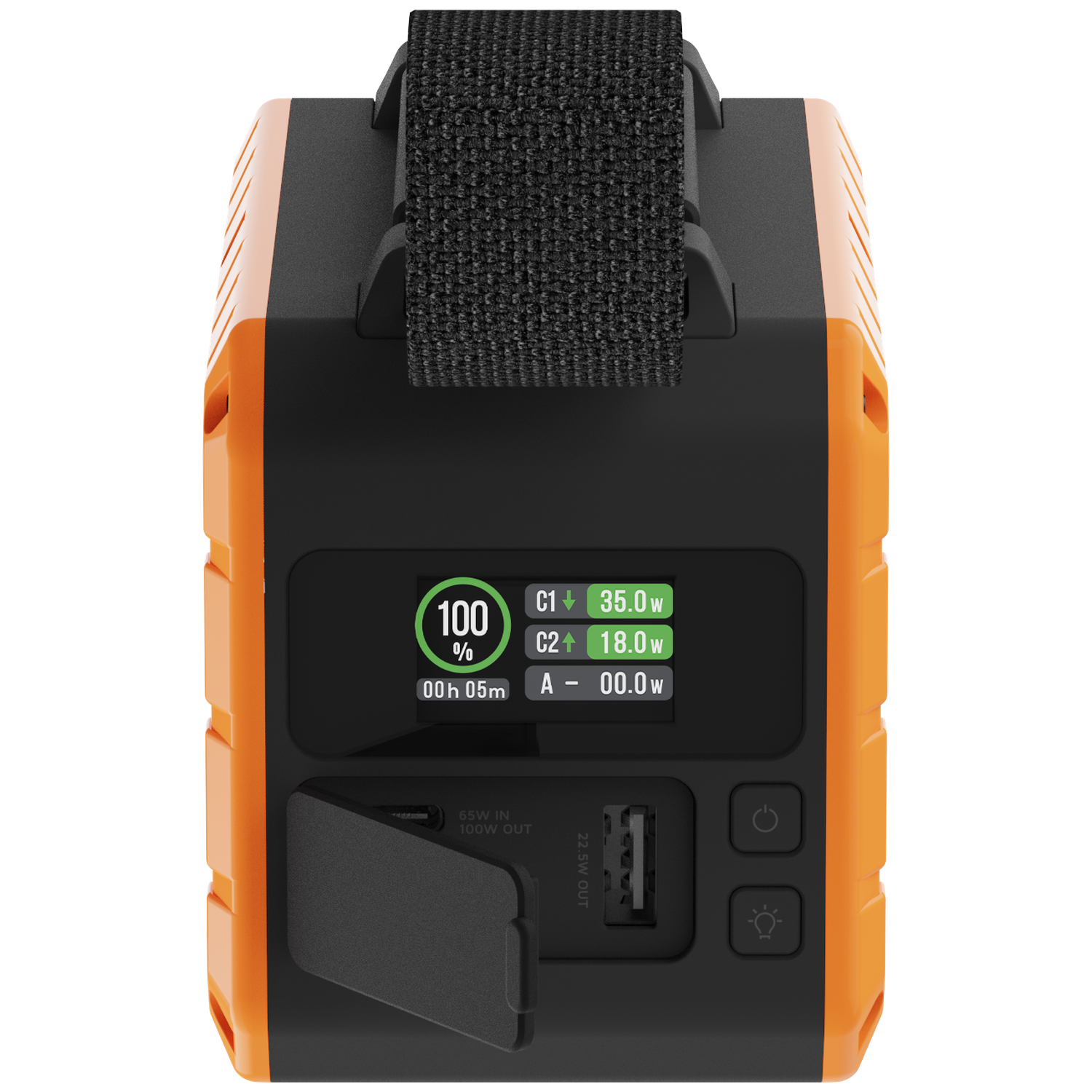 Orange and black portable power station with a display showing 100% battery.